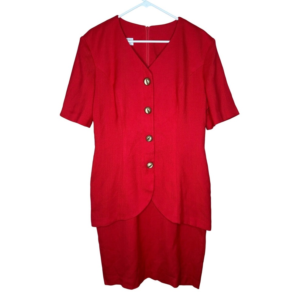 Jennifer Jeffries VTG Red Dress Suit Set Short Sleeve Buttons Career Preppy M/L
